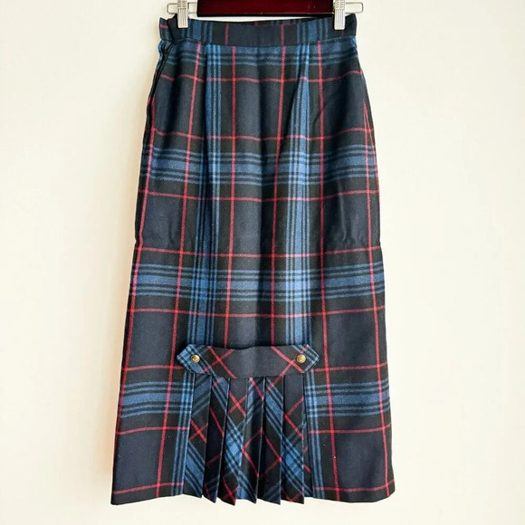 Vintage Wool Blend Plaid Pencil Midi Skirt With Pleated Detail S - Picture 3 of 5
